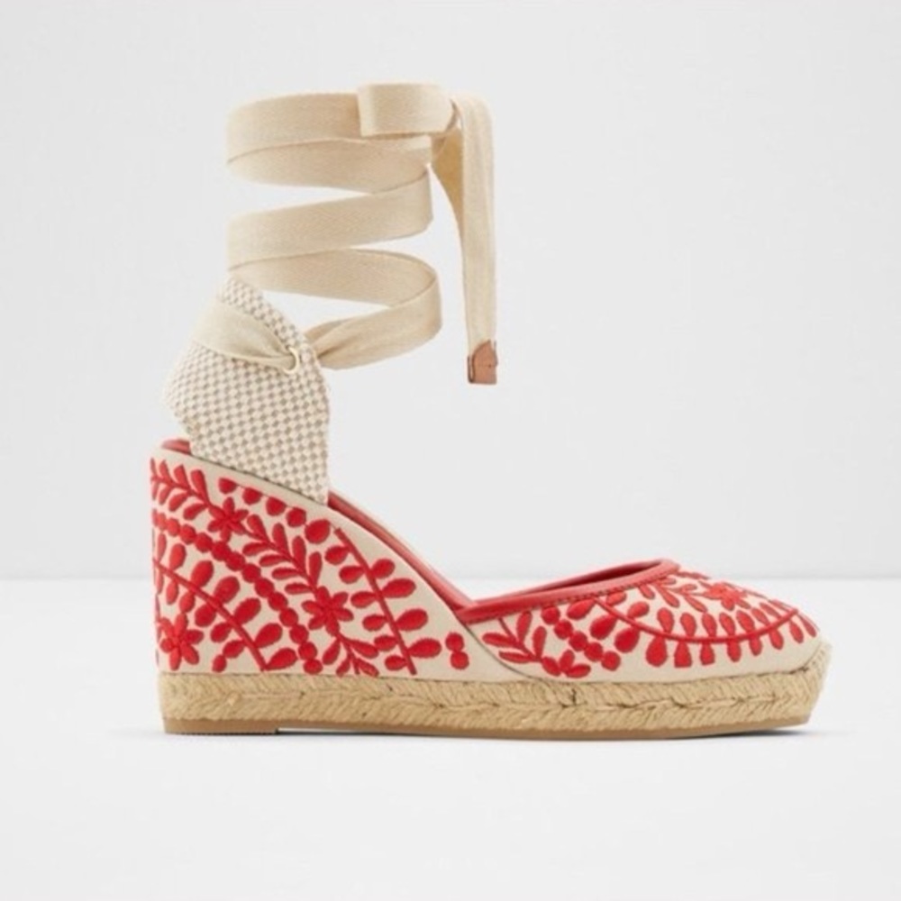 Aldo Muschino Red & Beige Espadrille Wedge Wrap Sandals - Size 8